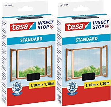 tesa Insect Stop Standard Fliegengitter für Fenster - Insektenschutz zuschneidbar - Mückenschutz ohne Bohren - 2 x Fliegen Netz anthrazit - 110 cm x 130 cm
