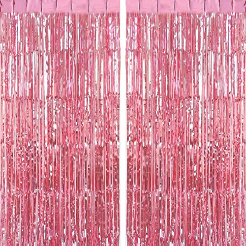 CHRORINE 2pcs 1m x 2.5m Pink Tinsel Foil Fringe Curtains Streamers Backdrop for Pink Party Birthday Wedding Bachelorette Baby Shower Bridal Shower Decorations