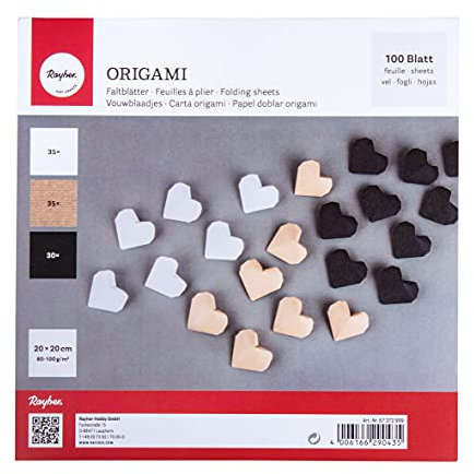 Rayher Origami-Faltblätter, 100 Blatt sortiert, 20 x 20 cm, 80-100g/m2, 3 Farben sortiert, schwarz/weiß/kraft, beidseitig, Bastel-Faltpapier für Kinder und Erwachsene, 67372999