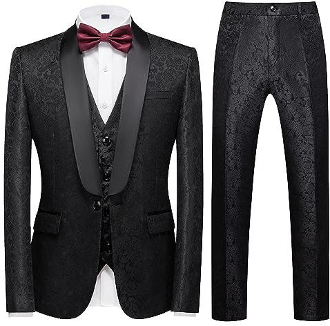 KUDORO Abito da Uomo 3 Pezzi Paisley Slim Fit Abiti da Sposa Abito Elegante Cerimonia Abito da Smoking Blazer Gilet Pantaloni(Nero,XXL)
