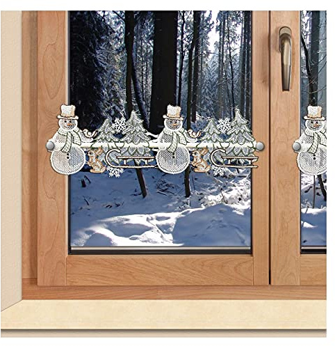 Feenhaus-Spitzengardine Winterwald mit Schneemann und Hase Scheibenhänger aus Plauener Spitze Luftspitzenstickerei 15 x 44 cm