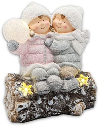 Wichtelstube-Kollektion XL 35cm Winterkinder Junge + Mädchen auf Holzstamm Gartendeko beleuchtet Weihnachtsdeko aussen