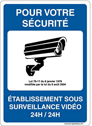 AUA SIGNALETIQUE - Panneau Signalisation avec Coins arrondis - Établissement sous Surveillance Vidéo 24H/24H - 210x300 mm, Vinyl adhésif