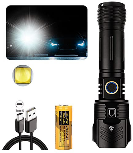 1000000 Lumen High Power Super Bright Pocket Torch,Xhp160 Led Waterproof Flash Light Lamp Camping Outdoor Torch, 5 Modes, Zoomable, with 26650 Lithium Battery and Type-C Charging