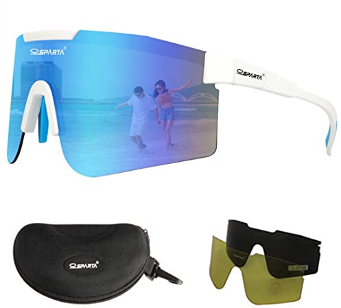 OUTDOORSPARTA Polarisierte Sport Sonnenbrille mit 3 Wechselgläsern, Fahrradbrille, Baseball Golf Fahren Sonnenbrille (5. Weißer Tempel, Blaue Linse)