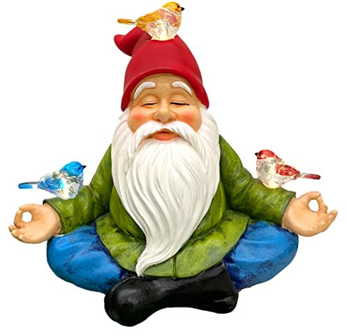 RAYWER Nain de jardin à énergie solaire avec chapeau rouge et 3 oiseaux - Décoration de jardin - Décoration de jardin pour pelouse - Figurines de jardin en résine (nain avec 3 oiseaux)