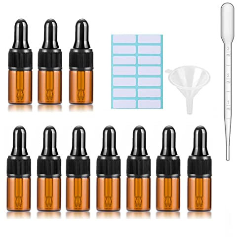 10 flaconi contagocce in vetro ambrato con tappi neri, pipetta misurata, imbuto ed etichette; flaconi contagocce in vetro da 3 ml per pipetta di oli essenziali ricaricabili