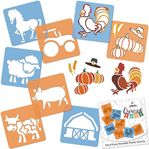 NAKLEO Schablonen Malen für Kinder, 8 Stück Set 15x15cm Bauernhof Tiere, Kinder Kreatives Zeichenschablonen, Kunststoff Wiederverwendbar Malschablone DIY Handwerk, Papier Wand Holz Stoff
