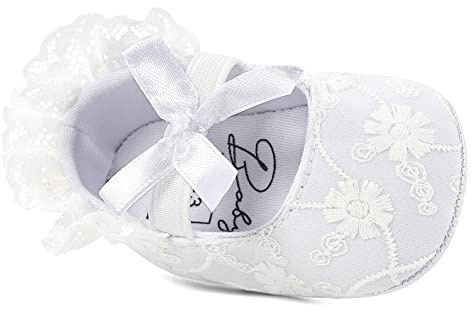 LACOFIA Baby Girls Christening Shoes Bowknot Infant Crib Shoes Anti-Slip Soft Sole Prewalkers Lace White 6-12 Months