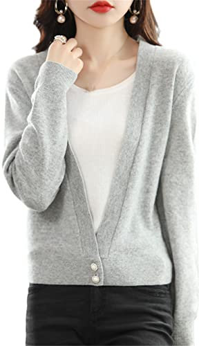 Australian Cashmere Cardigan Damen V-Ausschnitt Dünner Kurzer Mantel Solid Kaschmir Schal Pullover, hellgrau, S