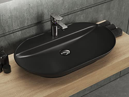 Aqua Bagno | Großes, ovales Aufsatzwaschbecken matt schwarz, Keramikwaschbecken, Waschschale, Handwaschbecken | 72 cm breit