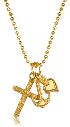 Collana in argento placcato oro, con ciondoli pendenti fede speranza carità, catena a palline
