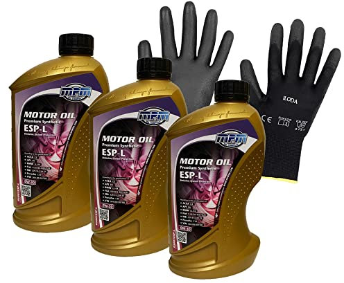 ILODA Schutzhandschuh + 3x MPM 1Liter 0W-30 Premium Synthetic ESP-L Motoröl, Longlife III, ACEA C3, API SN Freigabe für VW 504.00/507.00 und für BMW LL-04