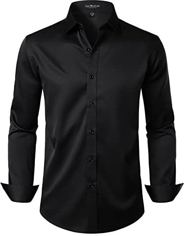LucMatton Men's Stylish Stretch Wrinkle-Free Dress Shirt Formal Long Sleeve Slim Fit Button Down Shirts for Wedding Party Black Medium