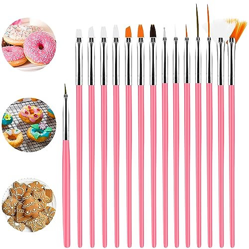 15pcs Cake Painting Brushes Kit Food Safe Baking Brush Tools,Fondant Cookie Painting Brushes Tools for Cookie Cake Decoration (Pink)