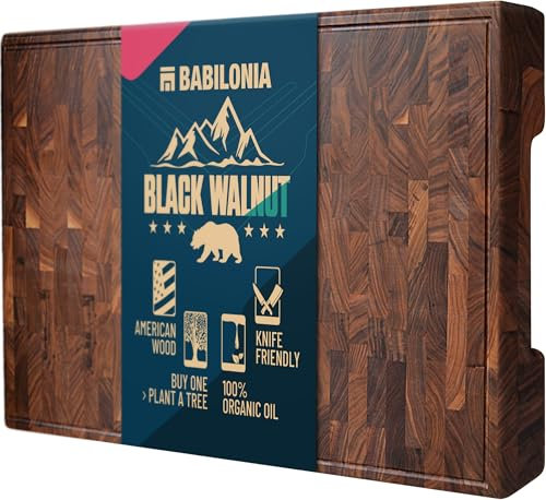 American Black-Walnut Cutting Board (ExtraThick 1,7), Premium Quality & Professional Butcher Block. Heavy duty end-grain wood chopping board (Oil bottle & Plate included)