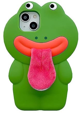 YAKVOOK Kawaii Frosch-Handyhüllen für iPhone 15 Pro Max, niedlicher Cartoon-grüner Frosch, Handyhülle mit Plüschzunge, einzigartig, lustig, 3D, weiches Silikon, stoßfest, für Damen und Mädchen