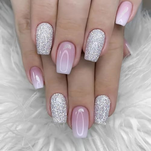 Ceboic 24Pcs Short Square False Nails French Pink Gradient Press on Nails Ballerina Fake Nails Kit Full Cover Acrylic Nails Tip Silver Glitter Glossy Stick on Nails for Women Girls Wedding Birthday