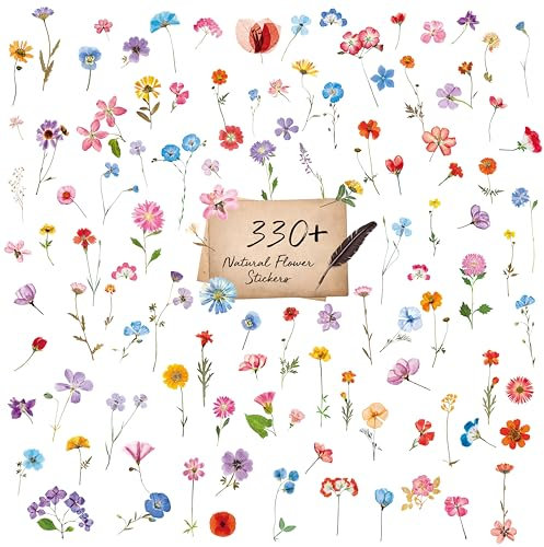 330+ PCS Natural Flower Stickers, Self-Adhesive PVC Nature Floral Stickers for Scrapbook, Laptop, Journal, DIY Project, Spring Themed Party Decors