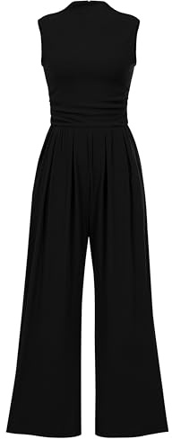 PRETTYGARDEN Womens Summer Jumpsuits Dressy Casual One Piece Outfits Sleeveless Mock Neck Wide Leg Pants Rompers with Pockets (Black,Medium)