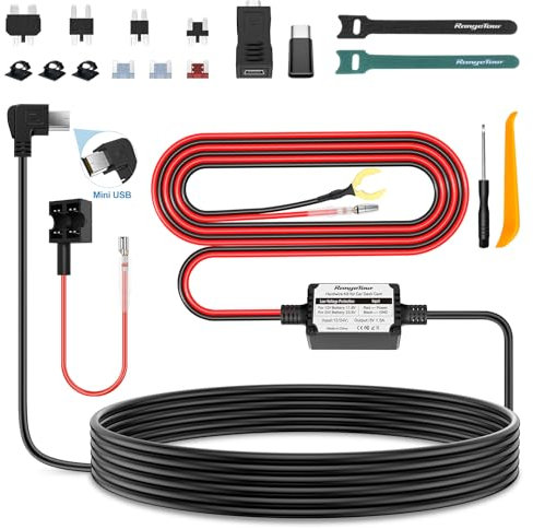 Range Tour Dash Cam Hardwire Kit, Hard Wiring Kit for Car Cam with Mini USB/Micro USB/USB-C Port 4m Car Charger Power Cord 12V/24V to 5V Charger Cable with 4 Power Adapters 3 Fuses for Dashcam GPS etc