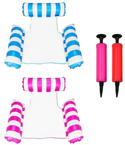Tiardey Lot de 2 hamacs gonflables pour piscine, hamac gonflable 4 en 1 (selle, chaise longue, hamac, dériveur), jouets de fête pour salon aquatique (bleu + rose)