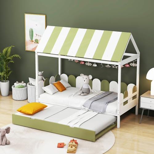 YESGIGA Kinderbett 90x190cm mit Ausziehbett, Hausbett für Jungen und Mädchen mit Dach und Rückenlehne, Massivholzbett mit Lattenrost (Grün)