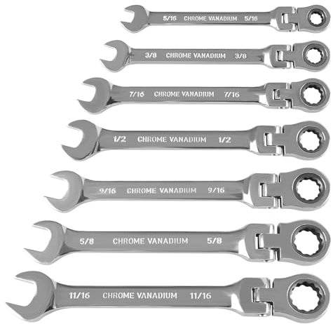 Flexibles Ratschenschlüssel-Set, 7-teilig, Flex-Kopf-Ratschenringschlüssel-Set, SAE 5/16-11/16 Zoll, 72 Zähne, Cr-V konstruiert mit Organizer-Tasche