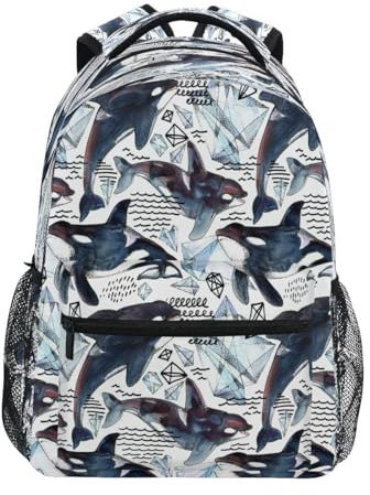 HMZXZ Aquarell Mörder Wal Rucksack Schule Studenten Buch Tasche für Junge Mädchen Teenager Kinder Ozean Meer Wale Daypack Rucksack für Reisen Camping Fitnessstudio Wandern