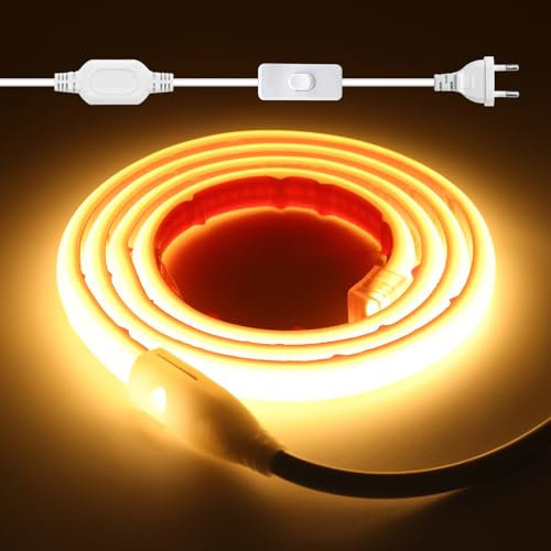 KISUFU 220V COB LED Strip, 288 LEDs/m IP65 Waterproof Neon Strip Light, 50cm Cuttable Double-Sided Tape Streifenlicht for Home Decoration, Kitchen, Mirror, Outside DIY Decoration.