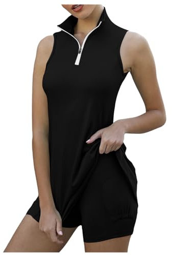 Damen-Tenniskleid mit Shorts, aktives Training, Workout, Sport, Sport-Kleider für Damen mit Reißverschlusstaschen Sonnenblume Kostüm Röcke Mit Gummizug Zweiteiliges Outfit Damen Kleid (Black, XL)