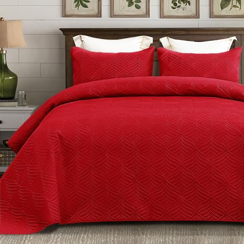 Whale Flotilla Moderne Tagesdecke 240x260 cm, Bettüberwurf mit 2 Kissenbezüge, Mikrofaser Bettdecke mit Prägemuster, Leichte und Weiche Bettwäsche für 4 Jahreszeiten, Rot