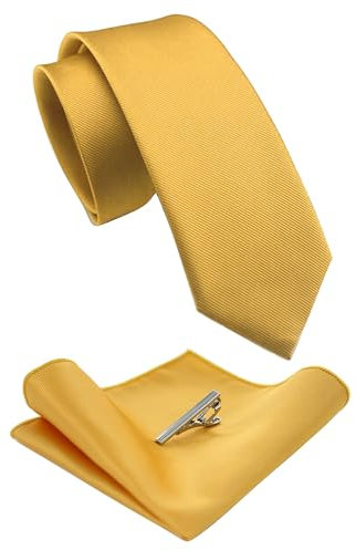 JEMYGINS Schmale Herren Krawatte und Einstecktuch krawattenklammer Set 6cm Gelb