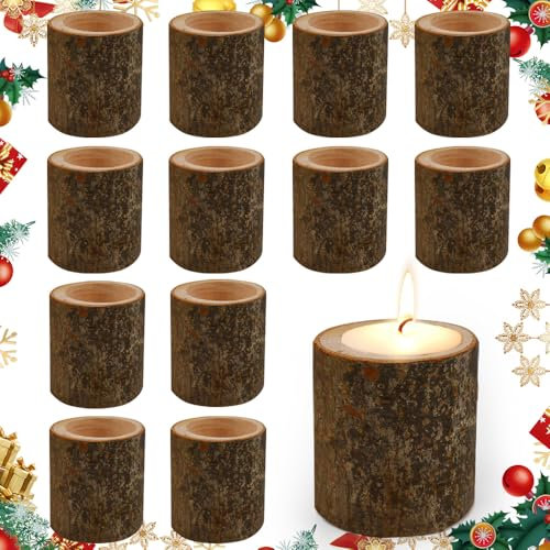 EMAGEREN 12 Stück Teelichthalter aus Holz personalisierbar Timber Pile Kerzenhalter Votiv- Flammenlose Kerzen Stehen Kerzenständer für Hochzeiten, Tischdekoration, Valentinstag (7CM)
