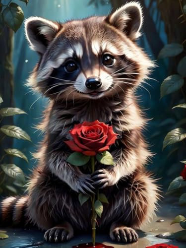 GJSZZO Raccoon Diamond Painting kits for Adults, Waschbär und Blume Diamont Painting Bilder Erwachsene, Diamant Malerei Set mit für Heimwanddekoration 30x40 cm