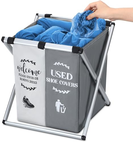 Wonderjune Foldable Shoe Cover Box Fabric Storage Bin Holder with Used Shoe Covers and Welcome Please Cover or Remove Shoes Sign Disposable Shoe Covers Dispenser for Open House Supplies(Gray, Beige)