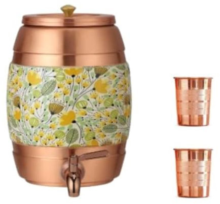 jewellary hub Pure Copper Water Dispenser | Flower Design Container Pot | Water Tank Jar | Ayurvedic Health Benefits 5 Liter / 169.07 fl oz with 2 Glass