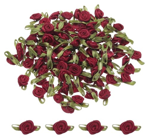 QUARKZMAN 100 Stück Weinrote Schleifenrosen 5/8 x1-3/16 Mini-Rosen | Kleine Satin-Schleifen Rosen, Künstliche Blumen, für Bastelarbeiten
