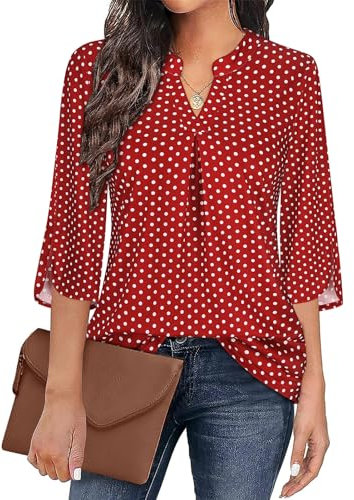 Flikity Women's Blouses & Shirts 3/4 Sleeve Tops for Women UK Office Professional V Neck Ladies Blouses Business Casual Formal Dress Shirts Work Attire Clothes Loose Tunics Tops Red Dot X-Large