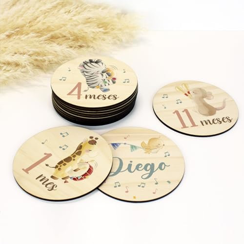 DEHOME - Placas Cumplemes Personalizadas con Nombre - Tarjetas Hito Bebé Madera Pino Natural 4mm - Impresión Directa sobre la madera - Regalo para Recién Nacido Hecho en España (Music)