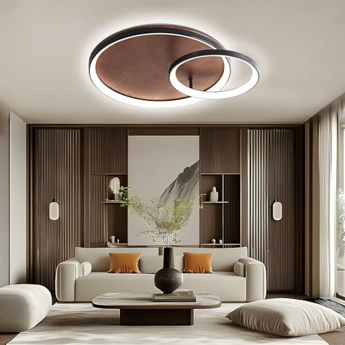 LED Deckenlampe Wohnzimmer Holz Deckenleuchte, 28W/42cm Dimmbar Modern Wohnzimmerlampe mit Fernbedienung, 3000K-6000K, Schwarz 2-Ring Design Schlafzimmerlampe für Esszimmer Arbeitszimmer, Holzfarbe
