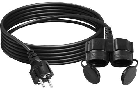Verlängerungskabel Outdoor 3M, Doppel-Verlängerung Stromkabel, Doppelstecker Für Steckdose, Doppelstecker IP44 mit 2 Schuko-Steckdosen, Gummi Stromkabel 3500W für Garten/Baustelle mit Schutzkappe