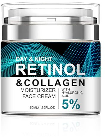 Retinol Kollagen Creme Gesicht, Nacht Feuchtigkeitscreme für Gesicht mit 5% Hyaluronsäure, Anti Aging Creme Reduzierung von Falten und Flecken Tag, 50ml