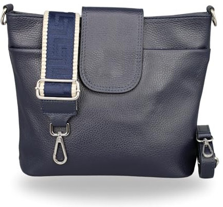 BRISE Umhängetasche Damen Echtes Leder ELLIE Handgemachte Crossbody Bag mit Ledergurt + Optionalen Breiten Gemusterten Riemen 6 Fächer Wasserdichte Schultertasche Made in Italy (Navyblau - 3)