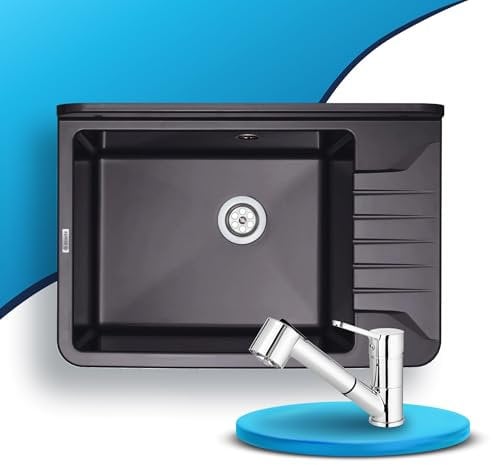 LAXARA Ausgussbecken aus HIPS-Polystyrol korrosionsbeständig Farbe: Graphit mit Armatur | Universal Waschtrog mit Siphon + Überlauf | Spülbecken + Montageset für Waschraum, Garten, Garage, Werkstatt