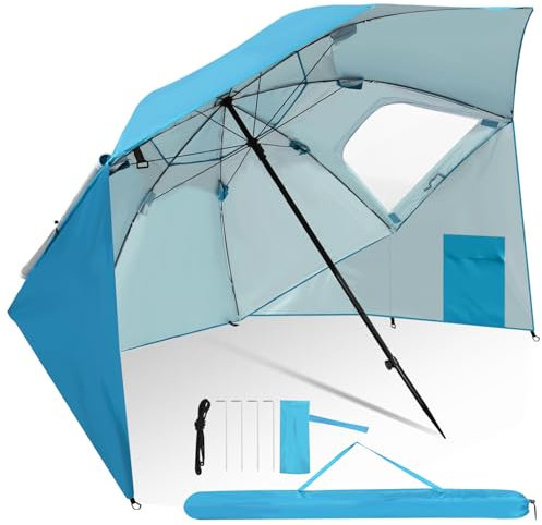 Herrselsam Parasol tente de plage | Parasol robuste 2 en 1 pour plage et jardin | Crème solaire imperméable anti-UV | Pliable multifonctionnel | Bleu ciel