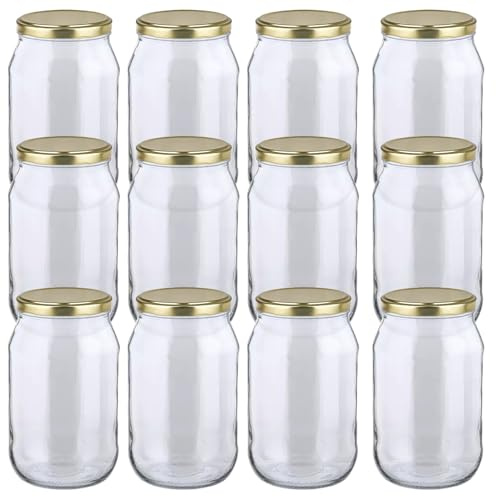 MIKONI 1,7 L Weckgläser Gurkenglas Einweckgläser Deckel Einmachgläser Vorratsgläser Einmachglas Sturzglas Konservenglas Rundgläser GOLD Deckel (12)