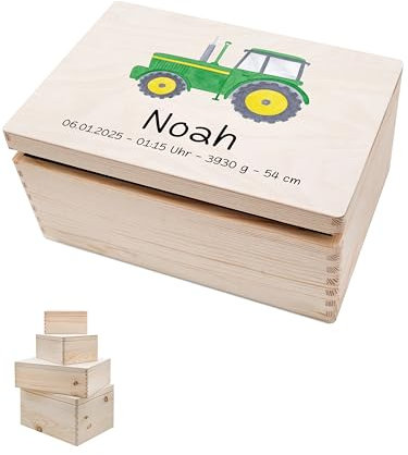 wunderwunsch - Personalisierte Erinnerungsbox Baby mit Hochwertigem UV-Farbdruck (Traktor grün, XS-Klappdeckel)
