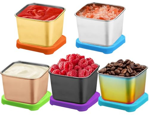 Holzsammlung 5 Stück Edelstahl Dressing Behälter, 200ml mini Dosen mit Deckel, Wiederverwendbare Saucenbehälter Salatdressing Behälter, Soßen Container Set für Dips, Gewürze, Salat und Kinder-Snacks
