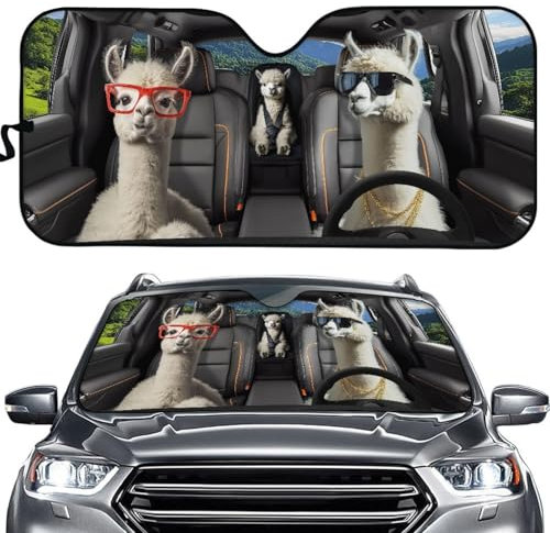 Hixingo Auto Frontscheibe, 3D Tier Motiv Sonnenschutz für Windschutzscheibe, UV-Schutz Frontscheibenabdeckung, Faltbares Design Auto Sonnenschutz, für meisten Autos (Alpaka)